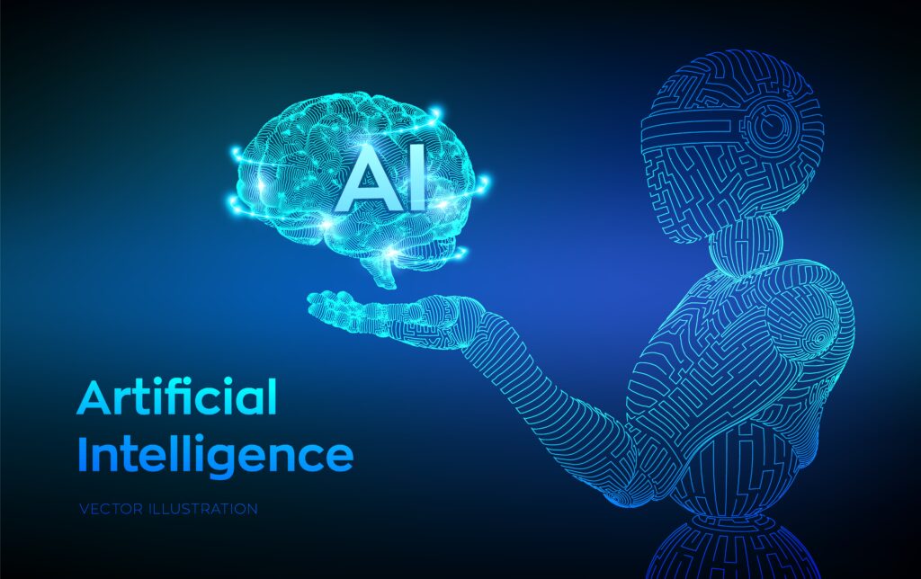 AI. Artificial intelligence. AI in the form of cyborg or bot. Wireframe robot. Digital brain. Brain in robotic hand. Machine learning. Graphic design concept of future. Vector illustration.